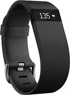 A black health-tracking Fitbit watch.